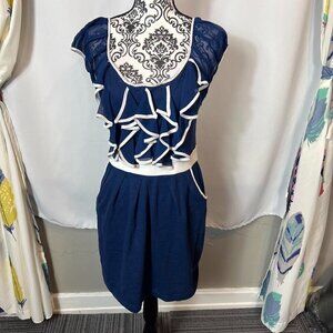 Olsenboye navy with white trim ruffled A line mini dress with pockets. Size L